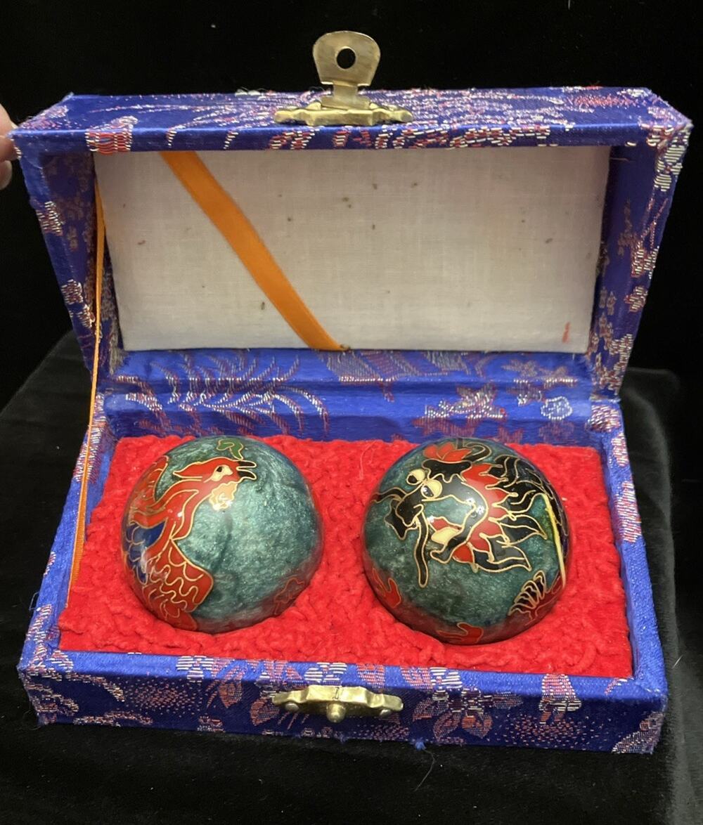 VTG Chinese Cloisonné Baoding Stress Balls Dragon Phoenix w/ Blue Brocade Case